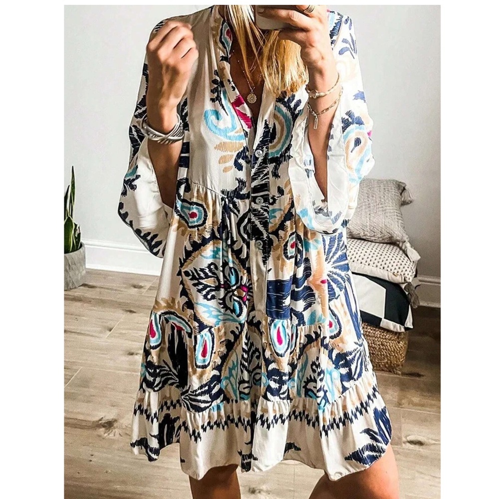 Boho Floral Print Button 3/4 sleeve Ruffle Hem Dress - Picture 1 of 4